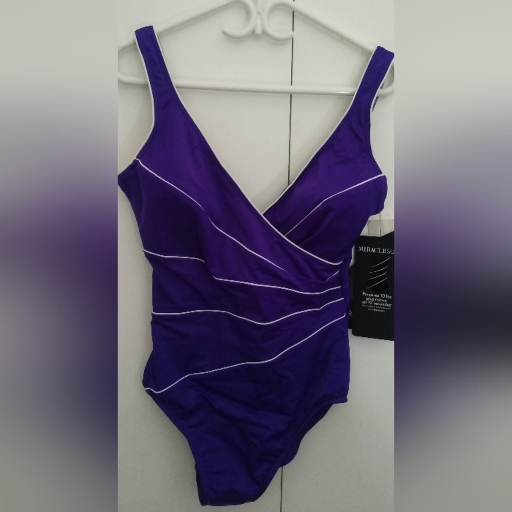 Purple V-Neck Wrapped Swim Top with White Piping